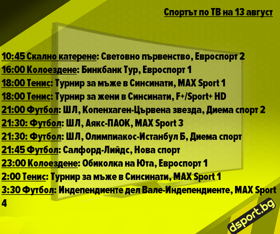 Спортът по ТВ на 13 август: ШЛ, тенис и колоездене