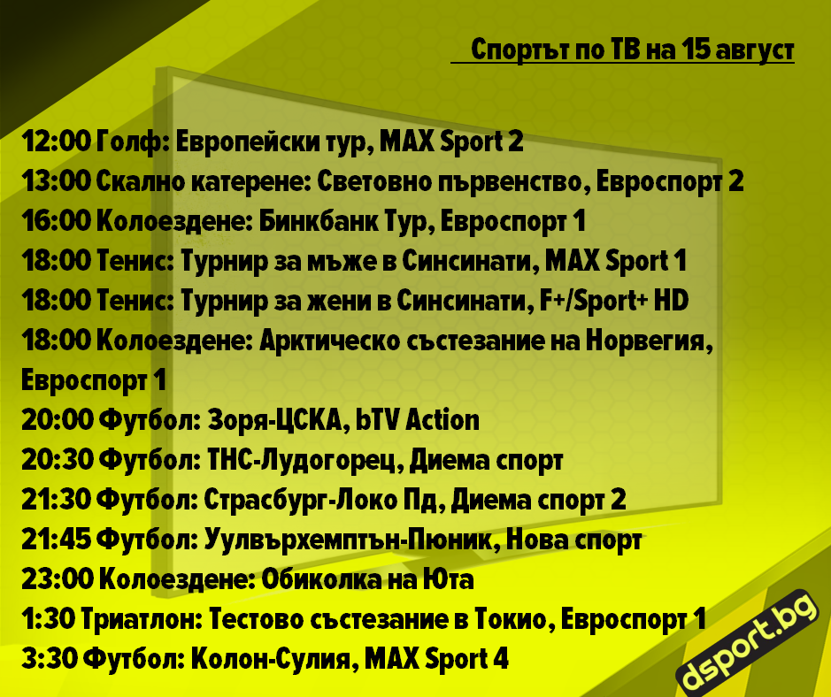 Спортът по ТВ на 15 август