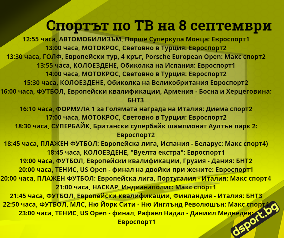 Спортът по ТВ на 8 септември - Спортът по ТВ