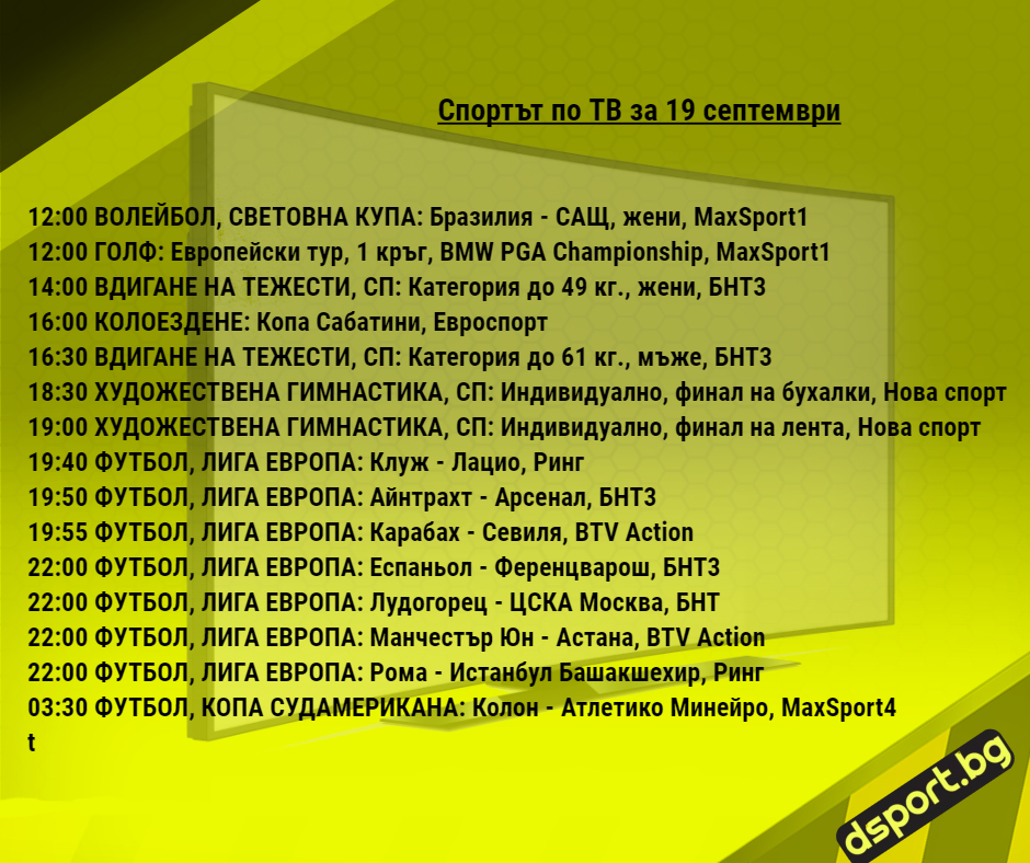 Спортът по ТВ за 19 септември - Спортът по ТВ
