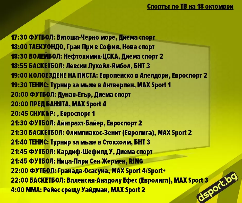 Спортът по ТВ на 18 октомври - Спортът по ТВ