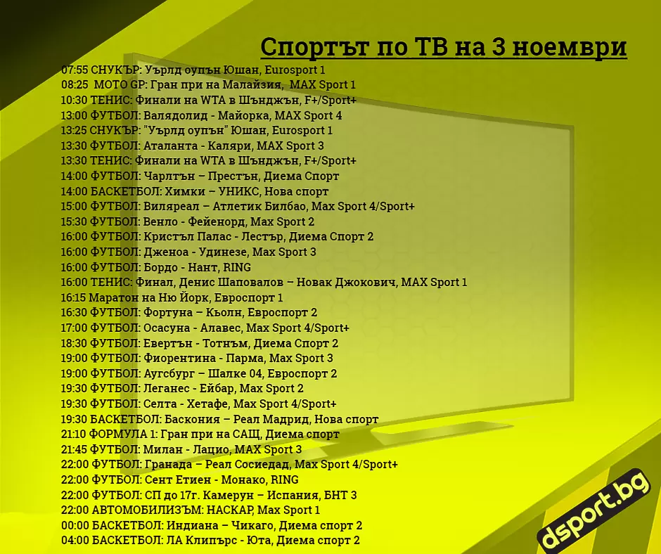 Спортът по ТВ на 3 ноември - Спортът по ТВ