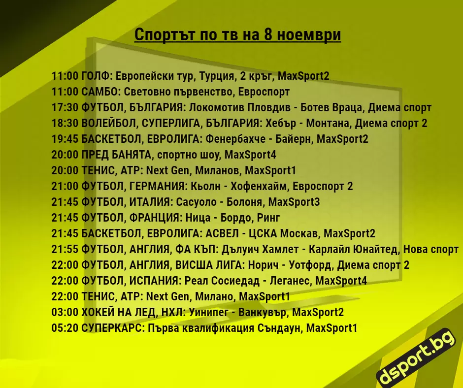 Спортът по тв на 8 ноември - Спортът по ТВ