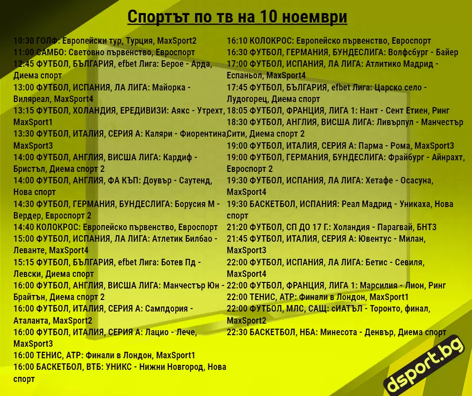 Спортът по тв на 10 ноември - Спортът по ТВ