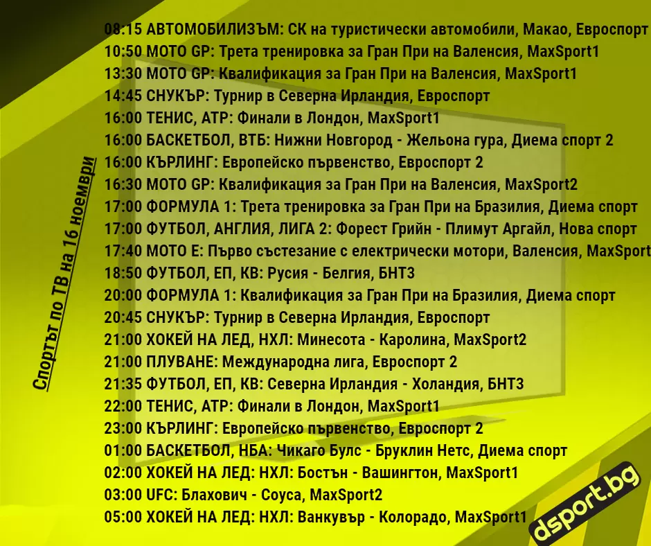 Спортът по ТВ на 16 ноември - Спортът по ТВ