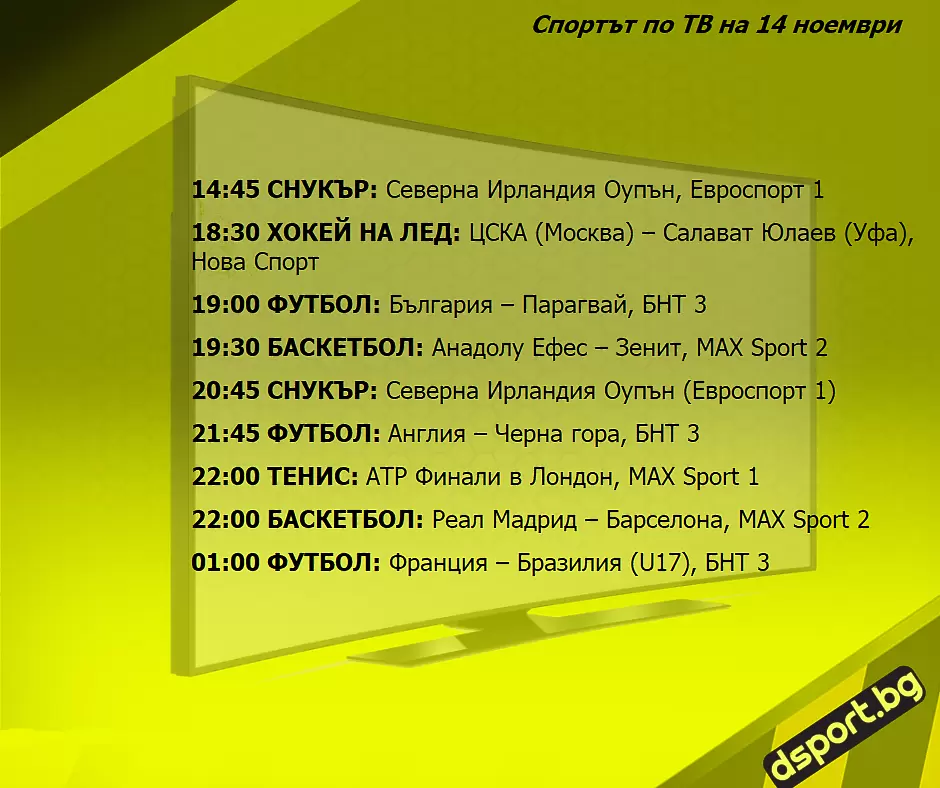 Спортът по ТВ на 14 ноември - Спортът по ТВ