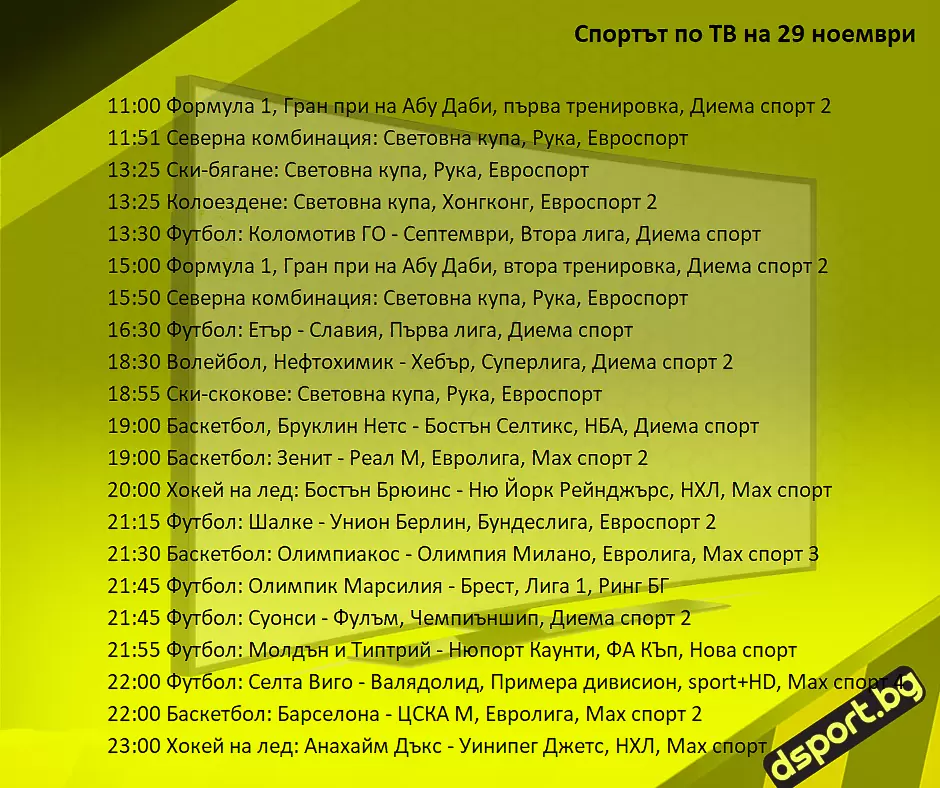 Спортът по ТВ на 29 ноември - Спортът по ТВ