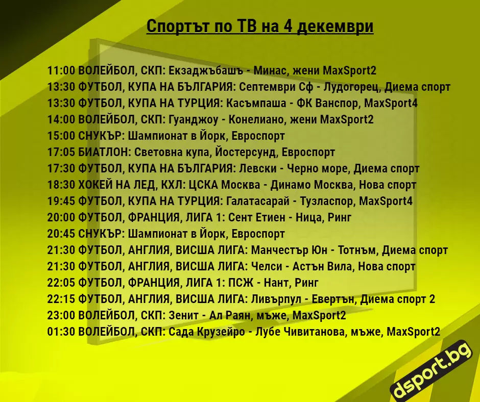 Спортът по ТВ на 4 декември - Спортът по ТВ