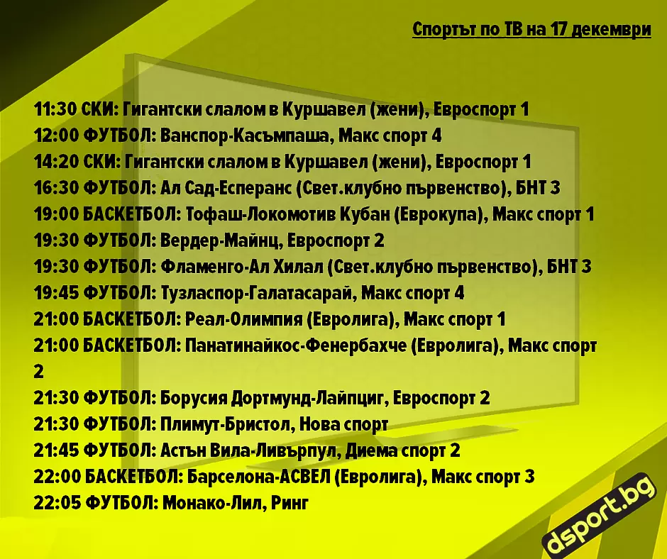 Спортът по ТВ на 17 декември - Спортът по ТВ