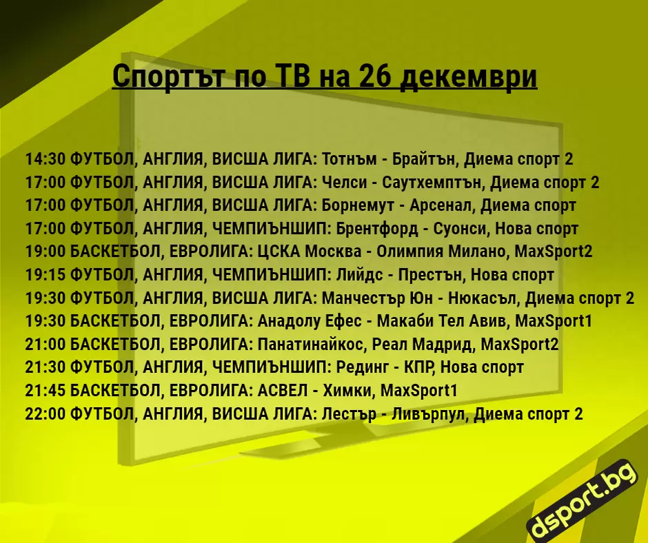 Спортът по ТВ на 26 декември - Спортът по ТВ