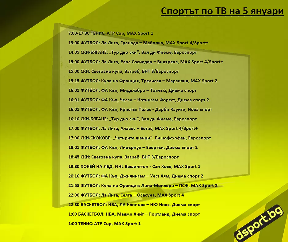 Спортът по ТВ на 5 януари - Спортът по ТВ