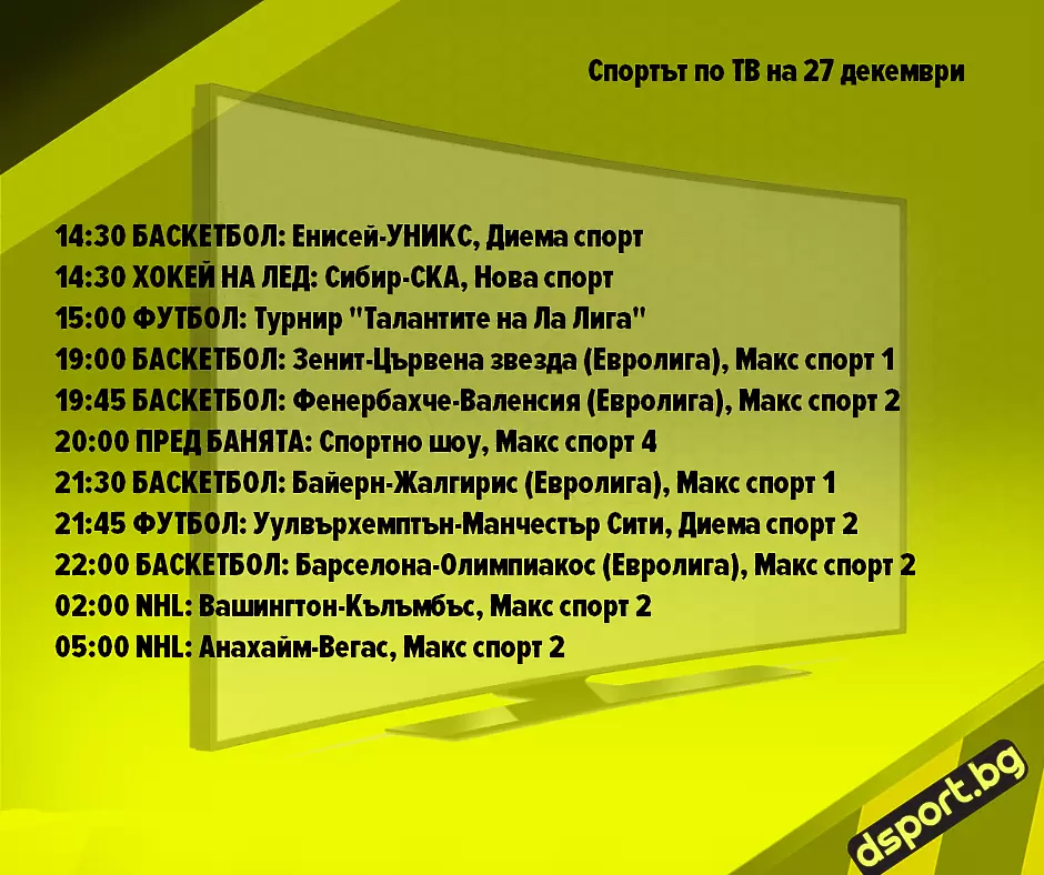 Спортът по ТВ на 27 декември - Спортът по ТВ