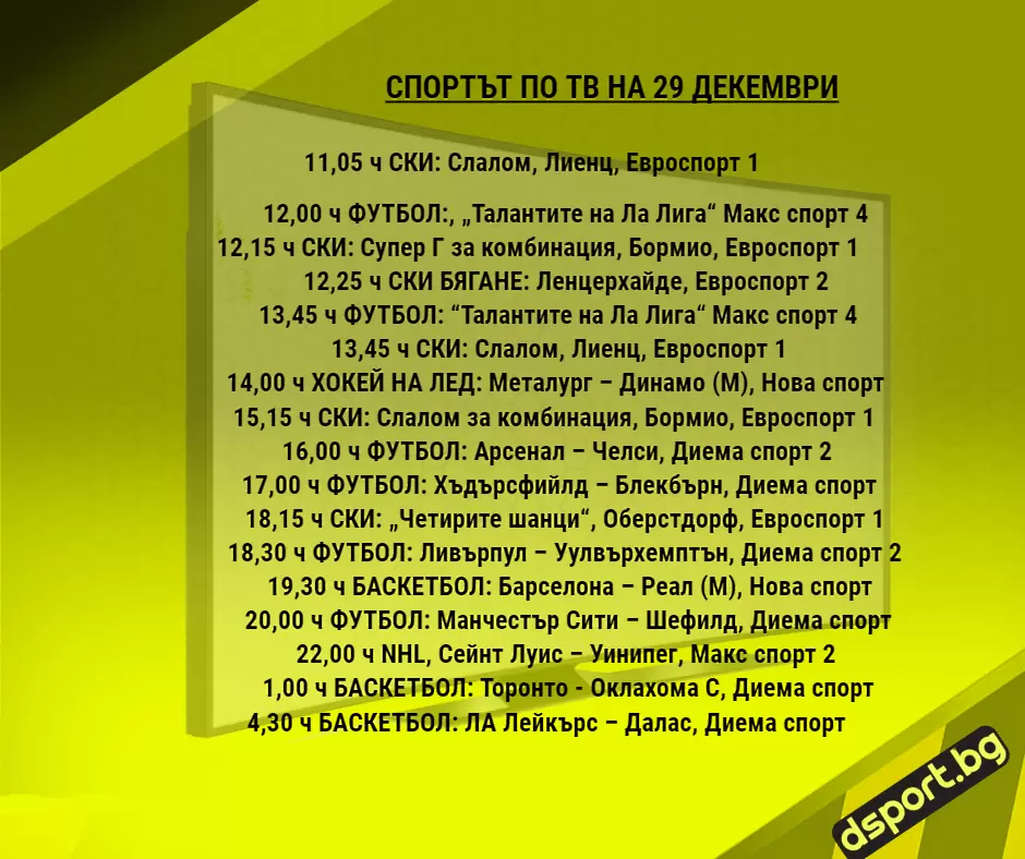 Спортът по ТВ на 29 декември - Спортът по ТВ