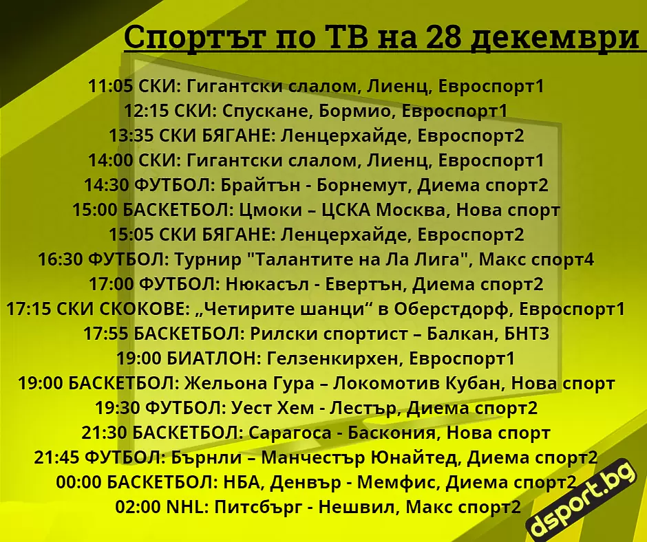 Спортът по ТВ на 28 декември - Спортът по ТВ