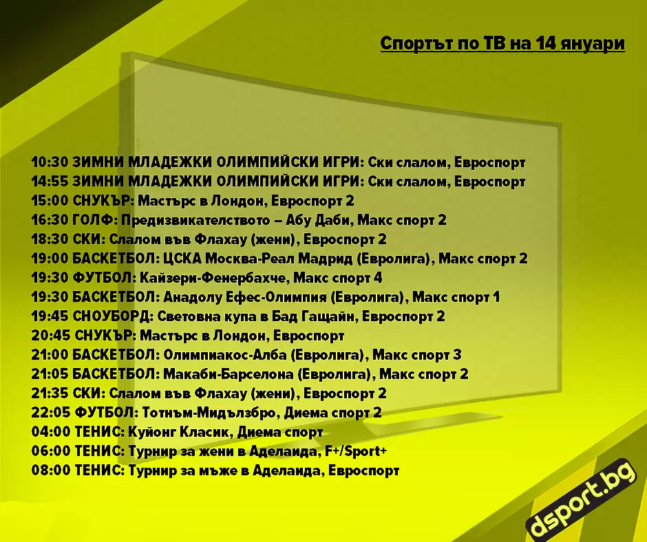 Спортът по ТВ на 14 януари - Спортът по ТВ