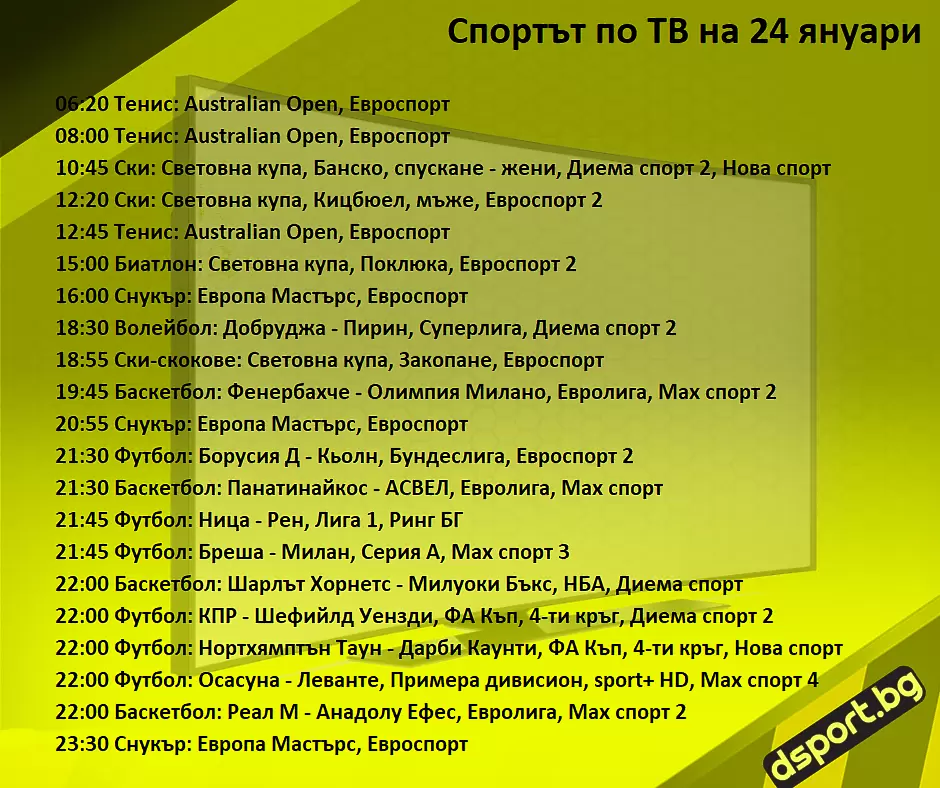 Спортът по ТВ на 24 януари - Спортът по ТВ