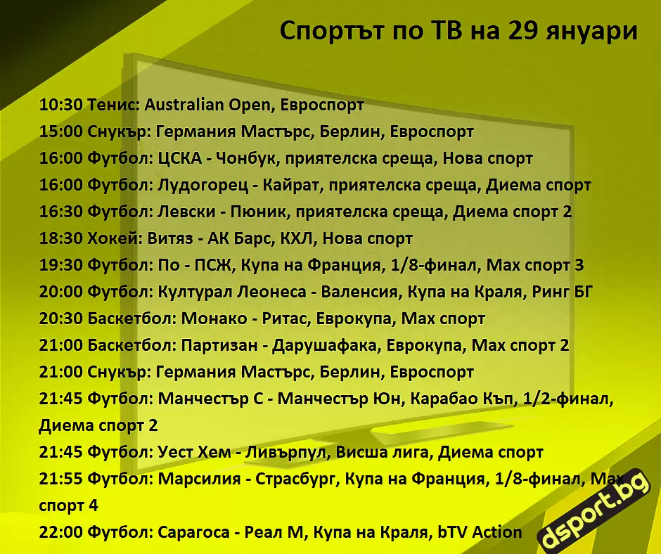 Спортът по ТВ на 29 януари - Спортът по ТВ