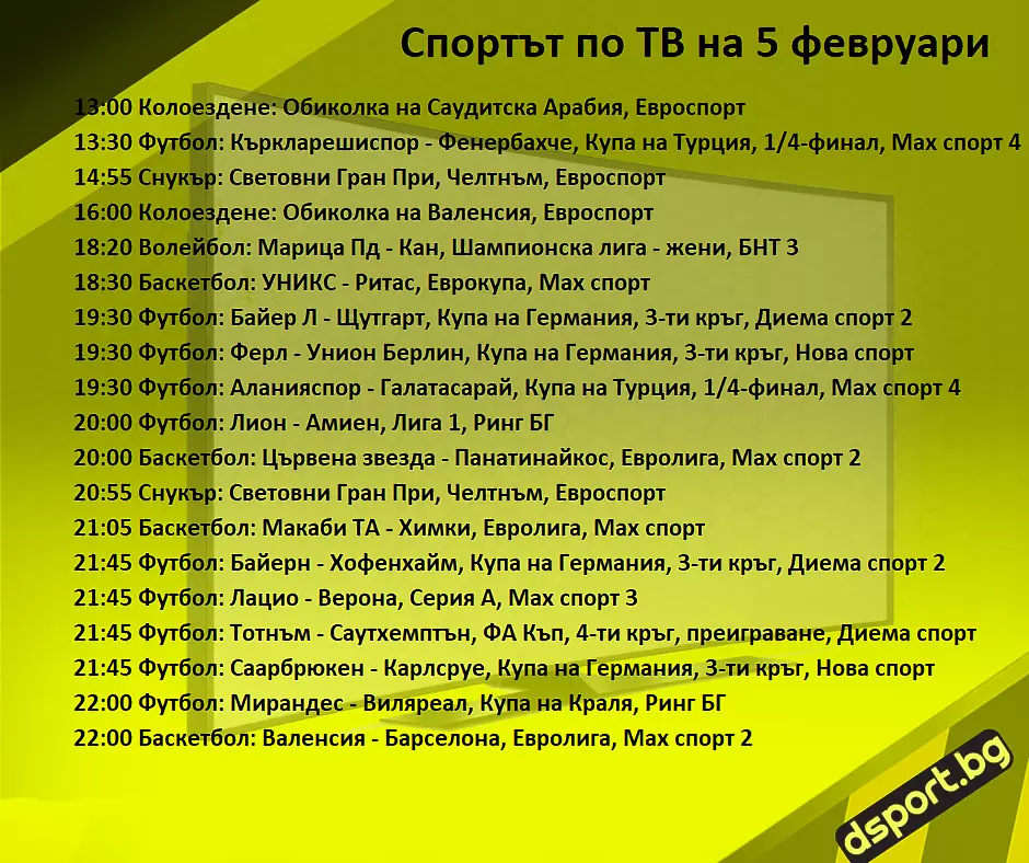 Спортът по ТВ на 5 февруари - Спортът по ТВ