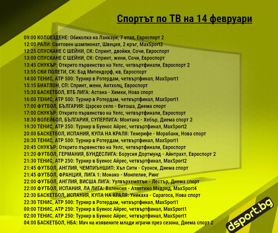 Спортът по ТВ на 14 февруари - Спортът по ТВ