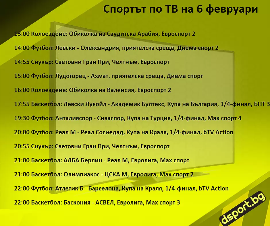 Спортът по ТВ на 6 февруари - Спортът по ТВ