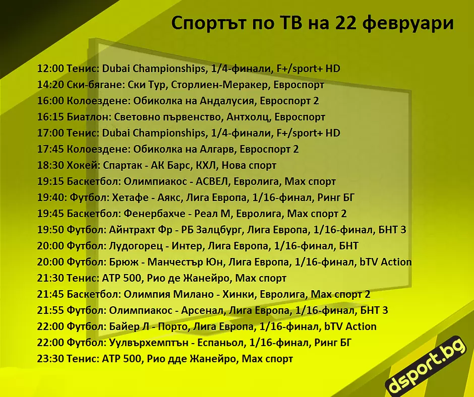 Спортът по ТВ на 22 февруари - Спортът по ТВ