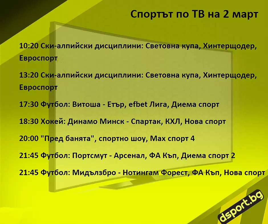 Спортът по ТВ на 2 март - Спортът по ТВ