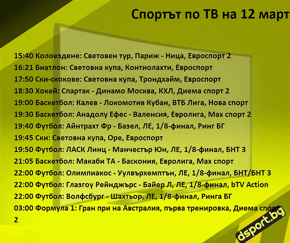 Спортът по ТВ на 12 март - Спортът по ТВ