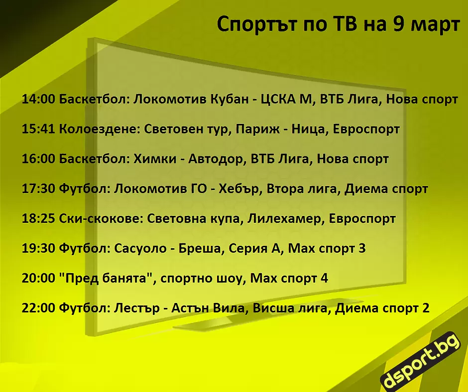 Спортът по ТВ на 9 март - Спортът по ТВ
