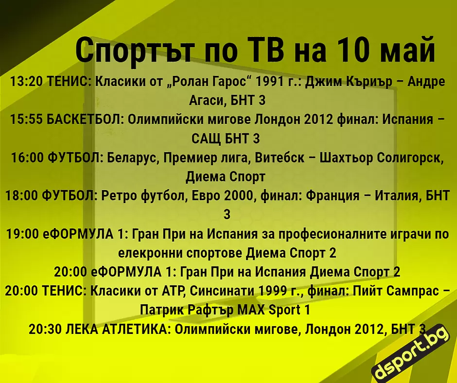 Спортът по ТВ на 10 май - Спортът по ТВ