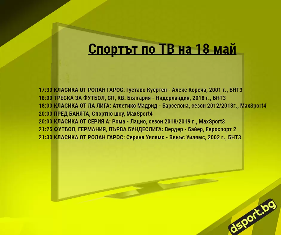 Спортът по ТВ на 18 май - Спортът по ТВ