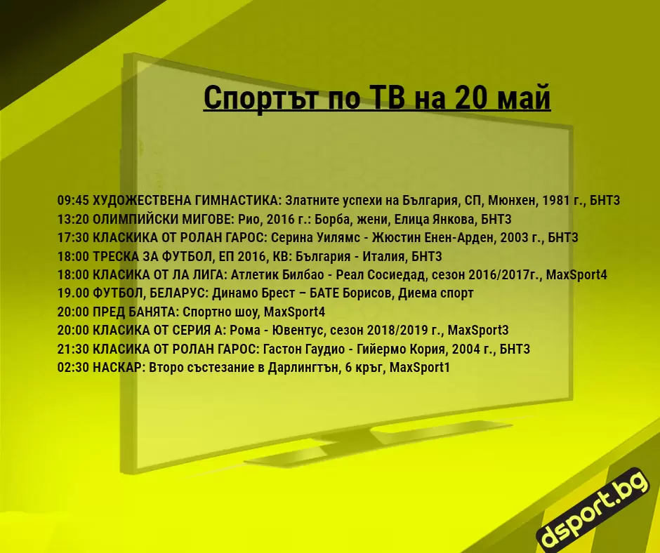Спортът по ТВ на 20 май - Спортът по ТВ