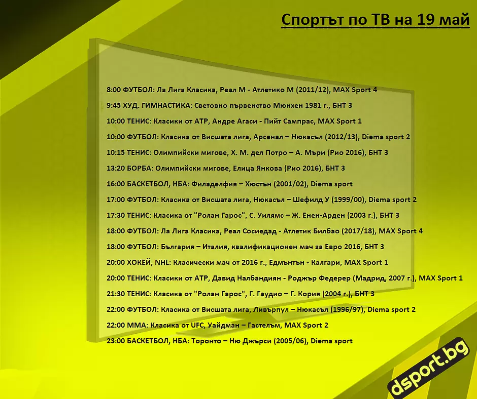 Спортът по ТВ на 19 май - Спортът по ТВ