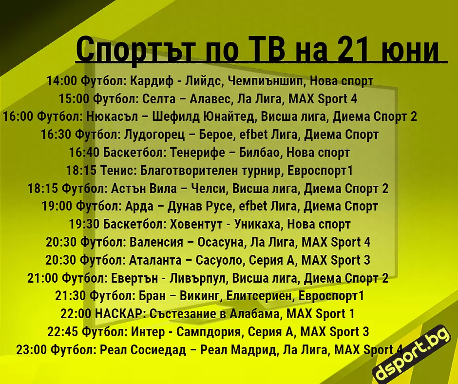 Спортът по ТВ на 21 юни - Спортът по ТВ