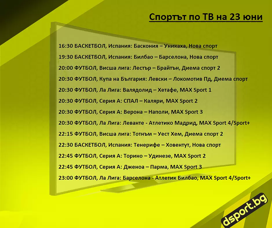 Спортът по ТВ на 23 юни - Спортът по ТВ