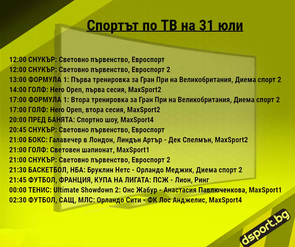 Спортът по ТВ на 31 юли - Спортът по ТВ
