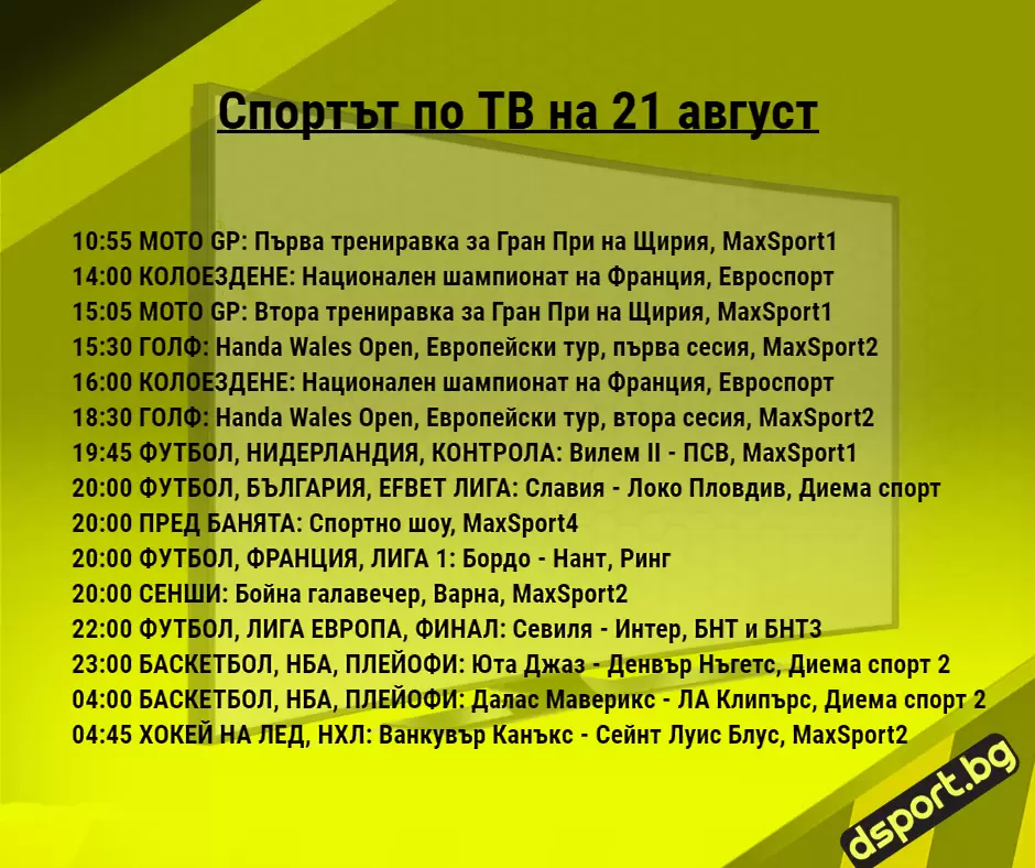 Спортът по ТВ на 21 август - Спортът по ТВ