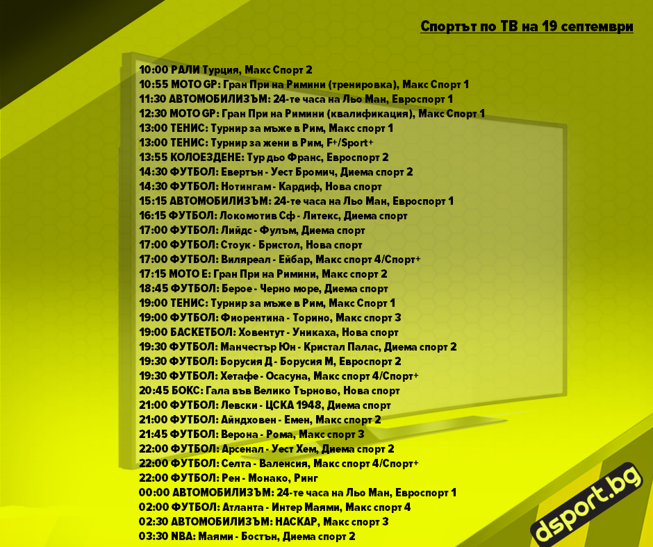 Спортът по ТВ на 19 септември - Спортът по ТВ