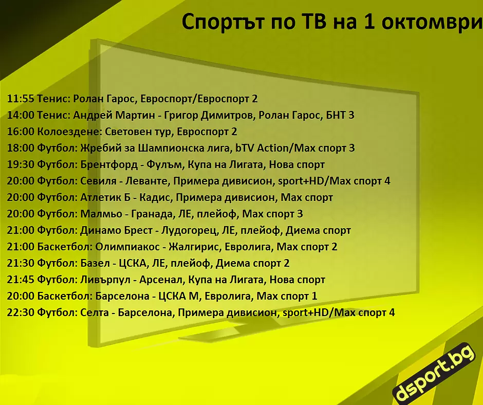 Спортът по ТВ на 1 октомври - Спортът по ТВ