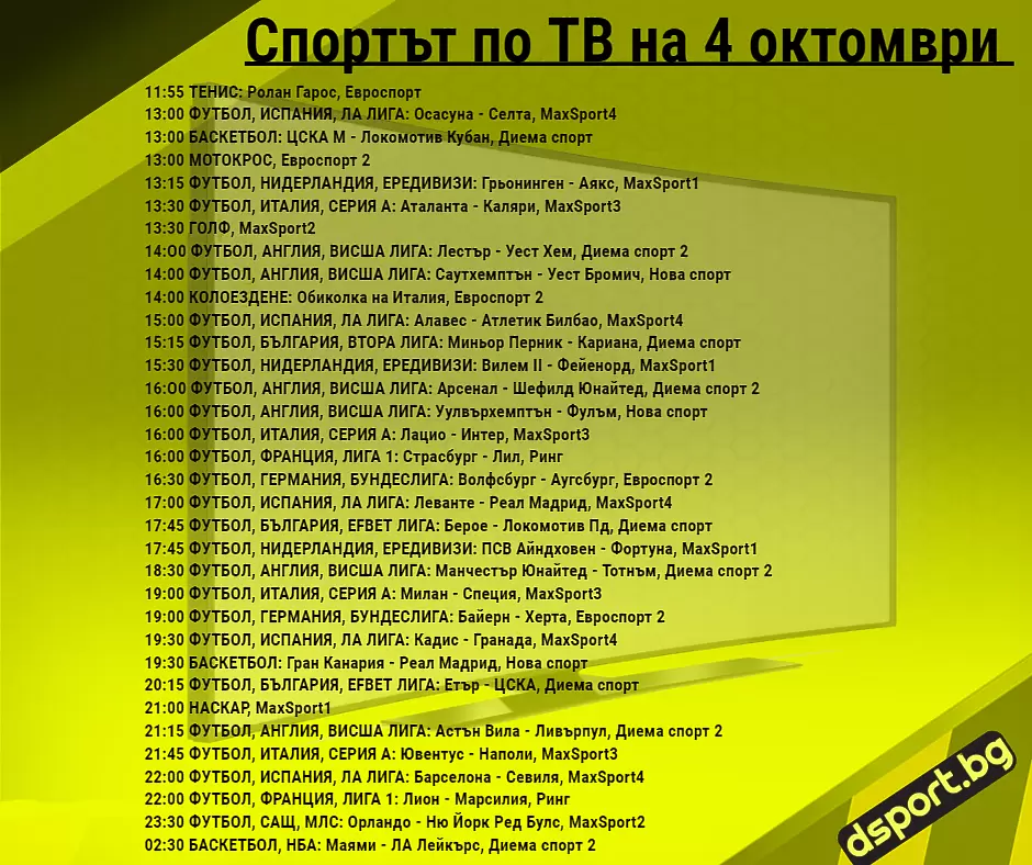 Спортът по ТВ на 4 октомври - Спортът по ТВ