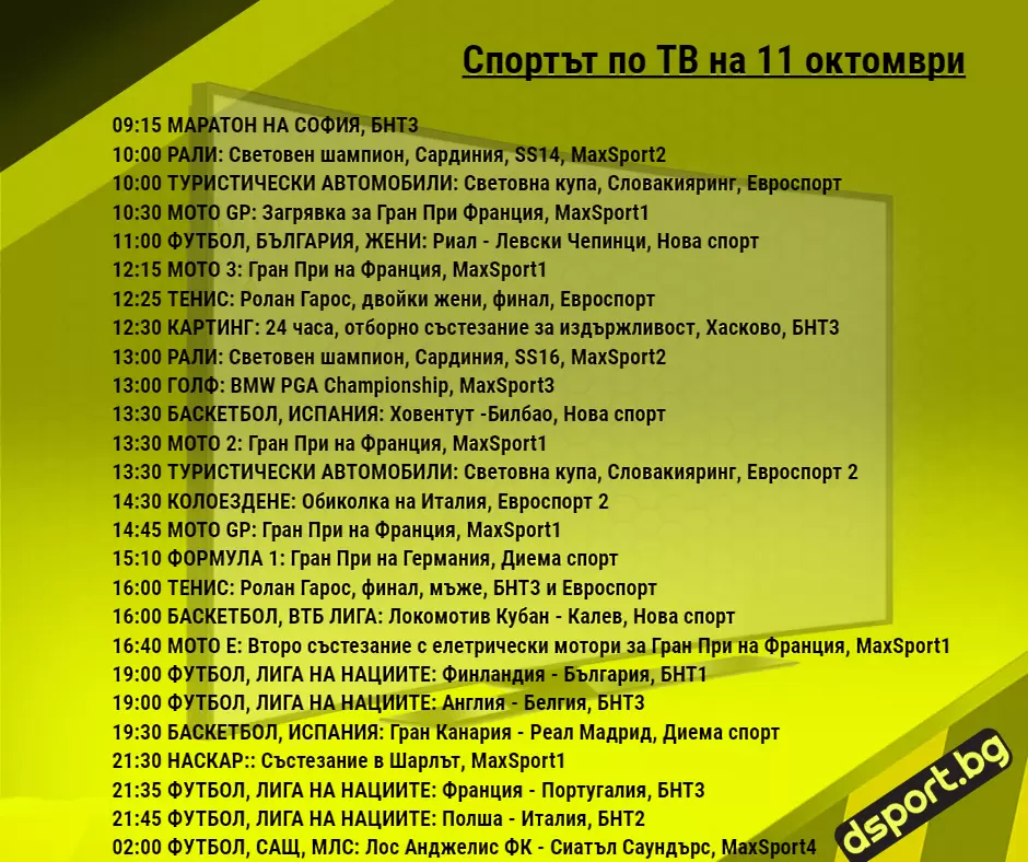 Спортът по ТВ на 11 октомври - Спортът по ТВ