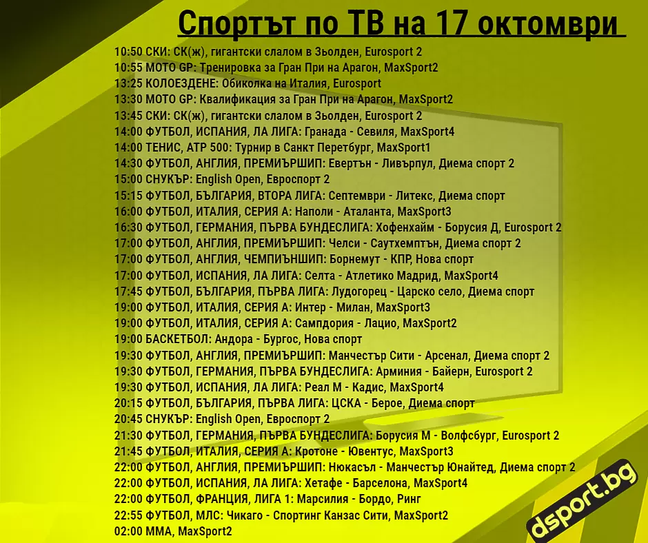Спортът по ТВ на 17 октомври - Спортът по ТВ