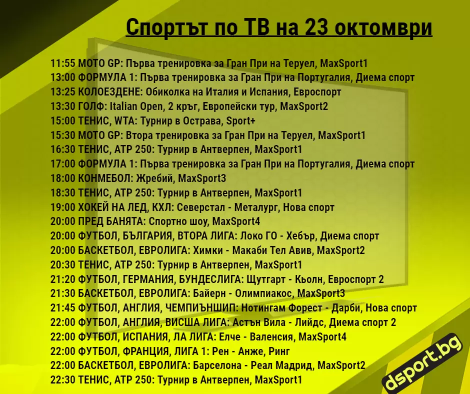 Спортът по ТВ на 23 октомври - Спортът по ТВ