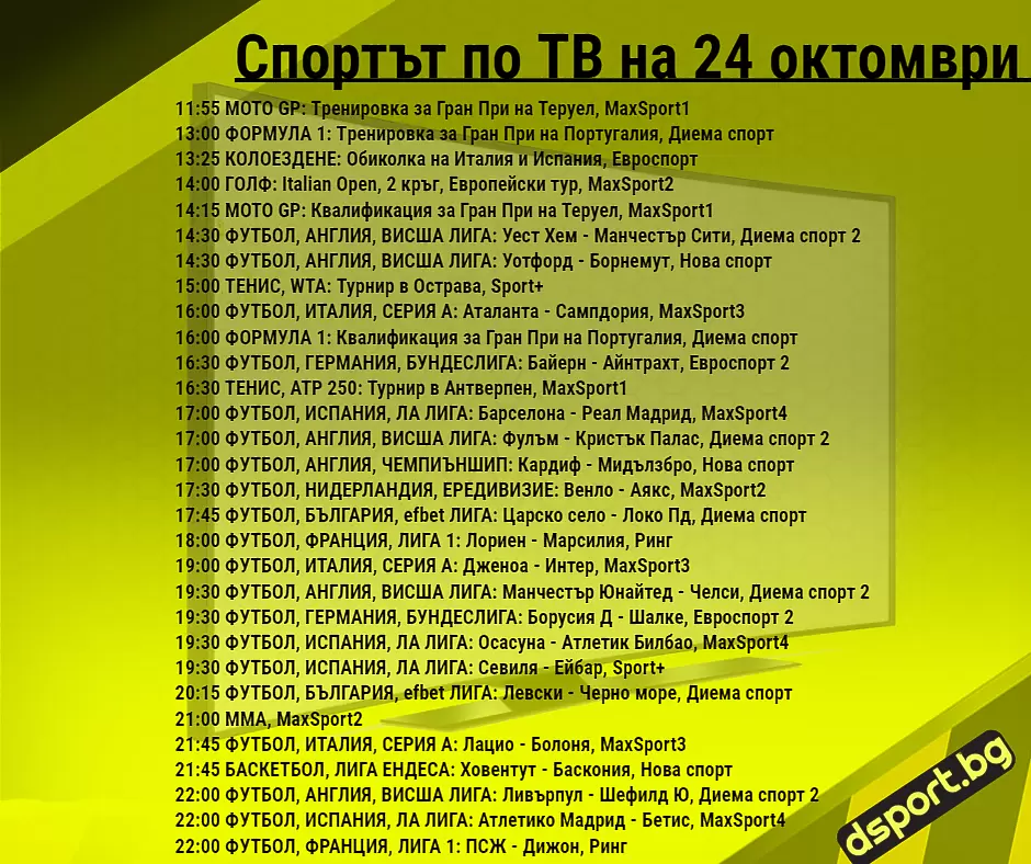 Спортът по ТВ на 24 октомври - Спортът по ТВ