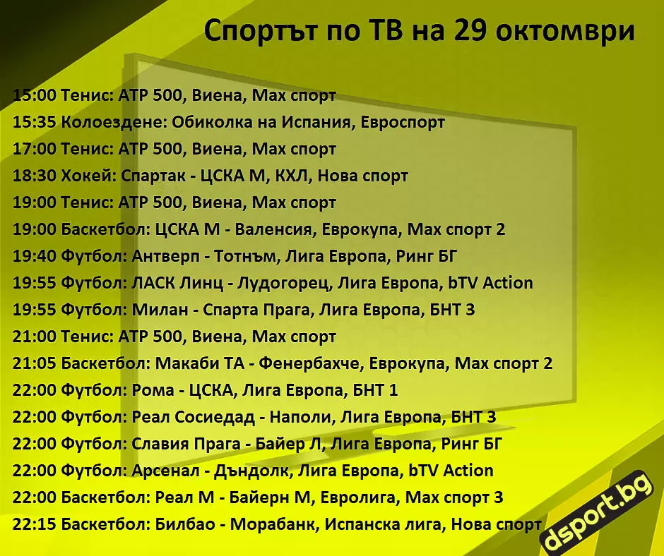 Спортът по ТВ на 29 октомври - Спортът по ТВ