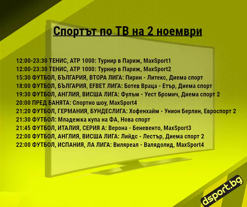 Спортът по ТВ на 2 ноември - Спортът по ТВ