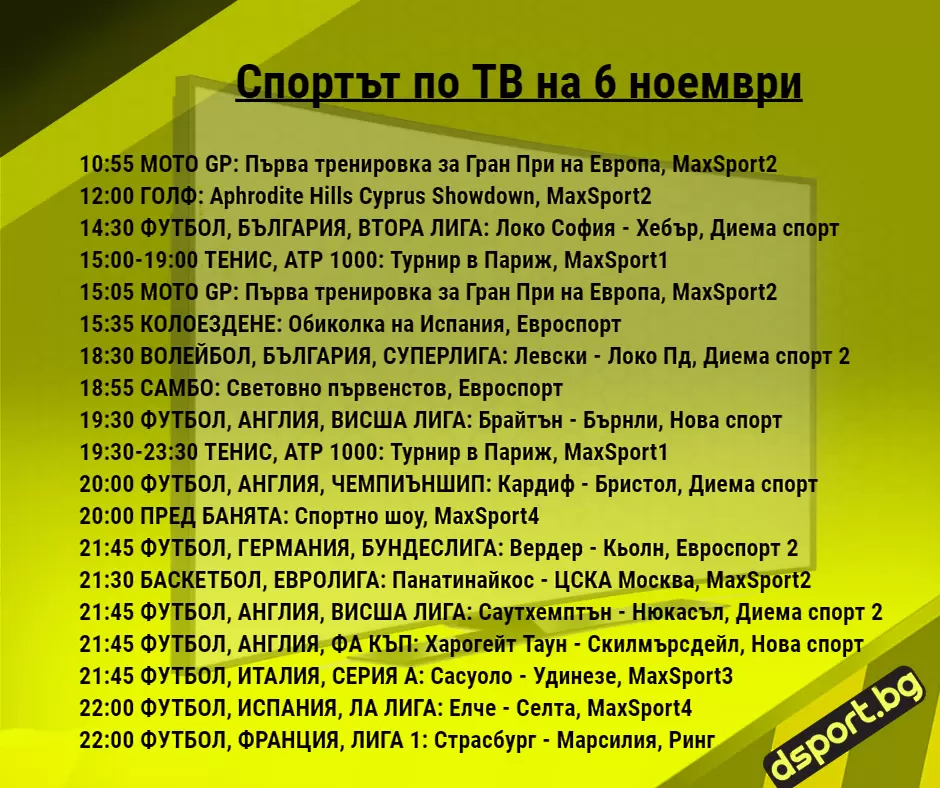 Спортът по ТВ на 6 ноември - Спортът по ТВ