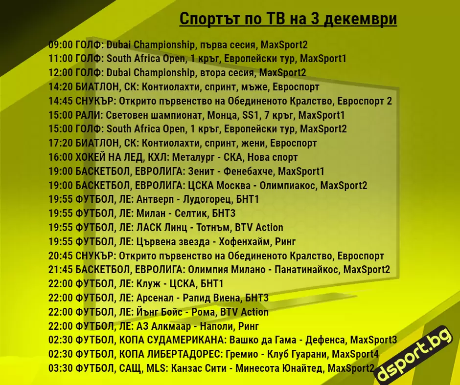 Спортът по ТВ на 3 декември - Спортът по ТВ