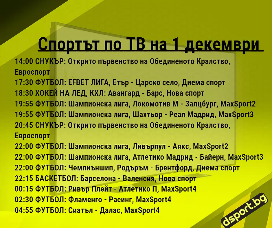 Спортът по ТВ на 1 декември - Спортът по ТВ