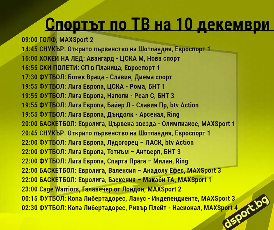 Спортът по ТВ на 10 декември - Спортът по ТВ
