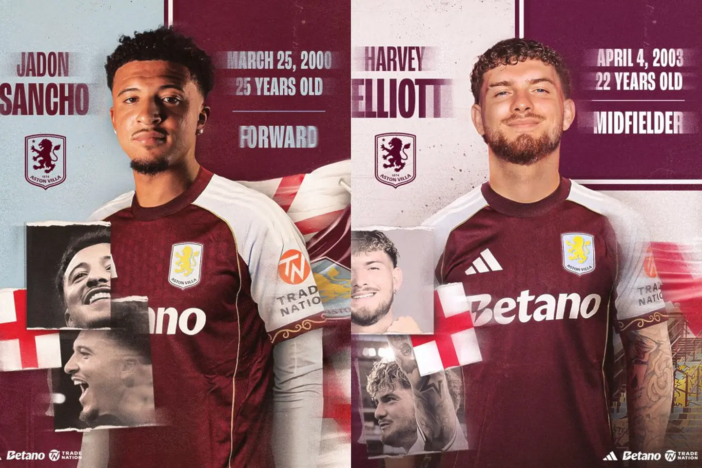 Джейдън Санчо и Харви Елиът подписаха с Астън Вила / x.com/AVFCOfficial